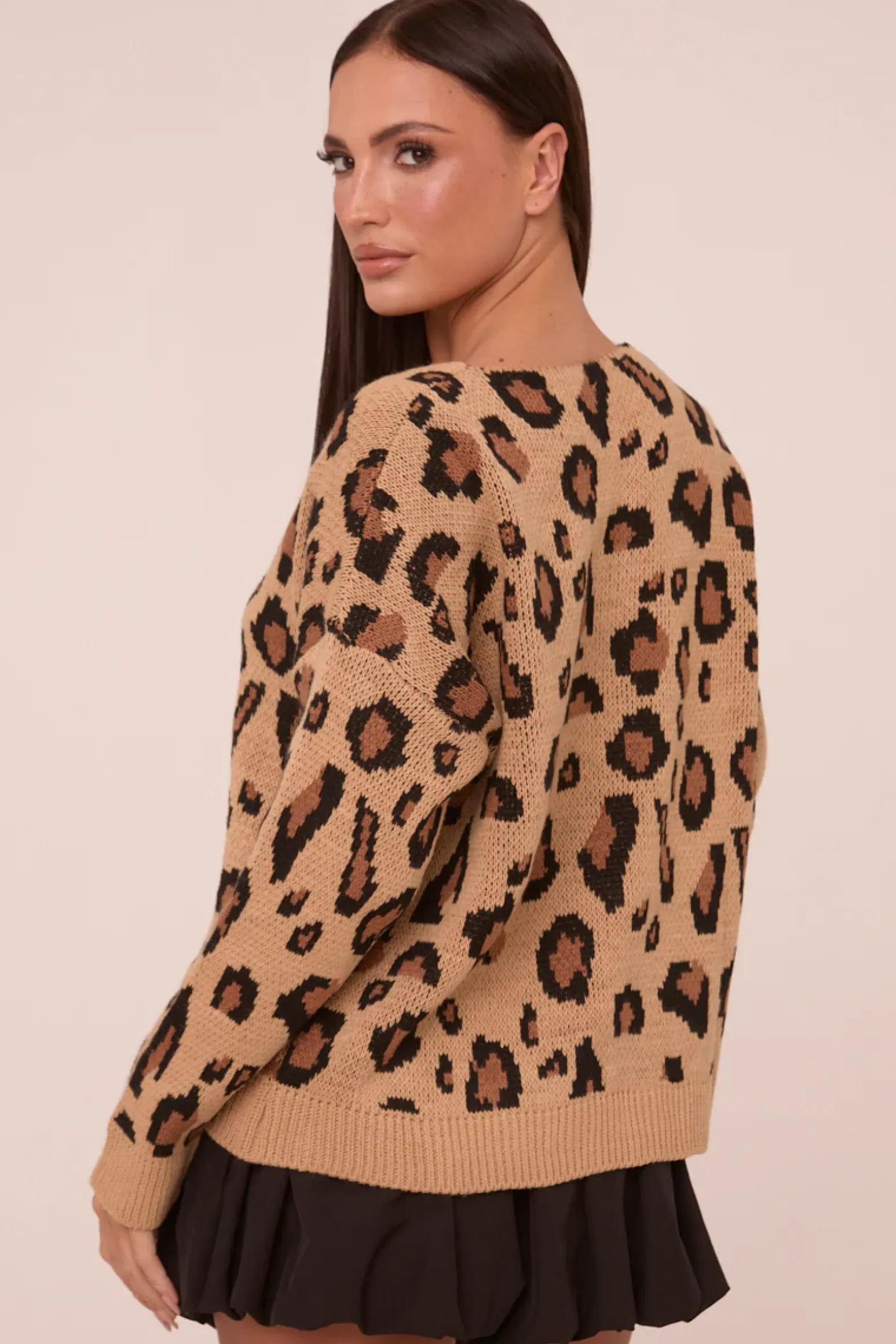 Rebellious Fashion Camel Knit Leopard Print Tie Front Detail Long Sleeves Cardigan - Corey