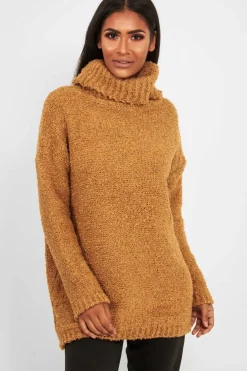 Rebellious Fashion Camel Knitted Borg Oversized Roll Neck Jumper - Ebbie