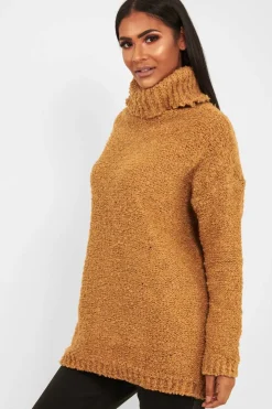 Rebellious Fashion Camel Knitted Borg Oversized Roll Neck Jumper - Ebbie