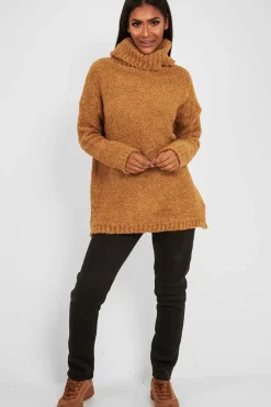 Rebellious Fashion Camel Knitted Borg Oversized Roll Neck Jumper - Ebbie
