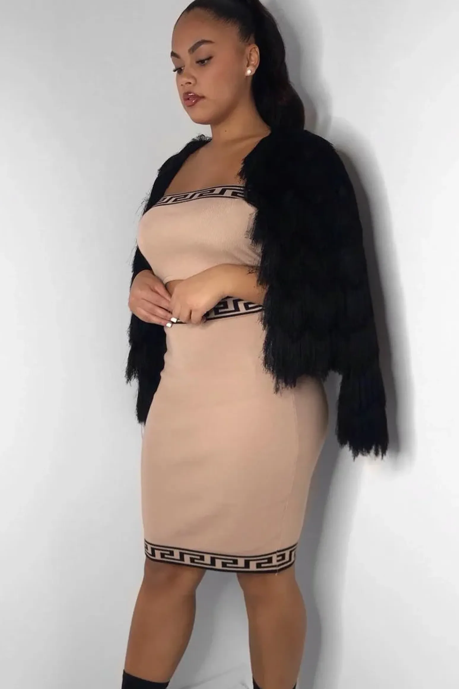 Rebellious Fashion Camel Knitted Greek Trim Bandeau Skirt Co-Ord - Caeli