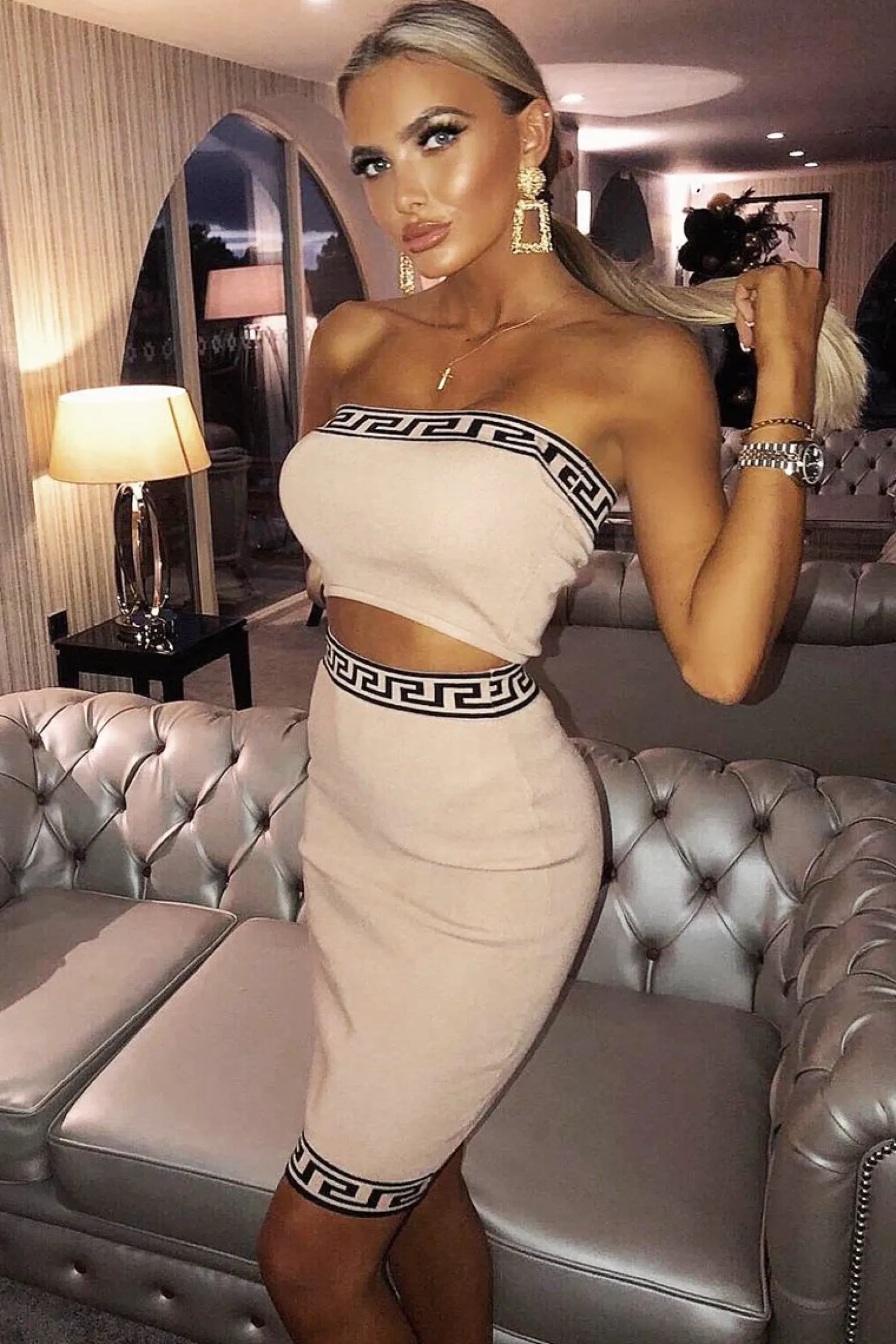 Rebellious Fashion Camel Knitted Greek Trim Bandeau Skirt Co-Ord - Caeli