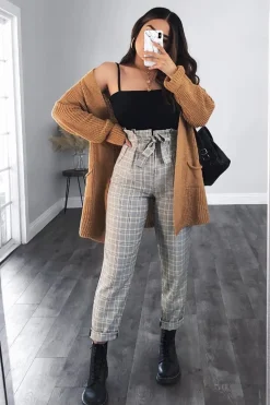 Rebellious Fashion Camel Knitted Oversized Pocket Detail Cardigan - Anna