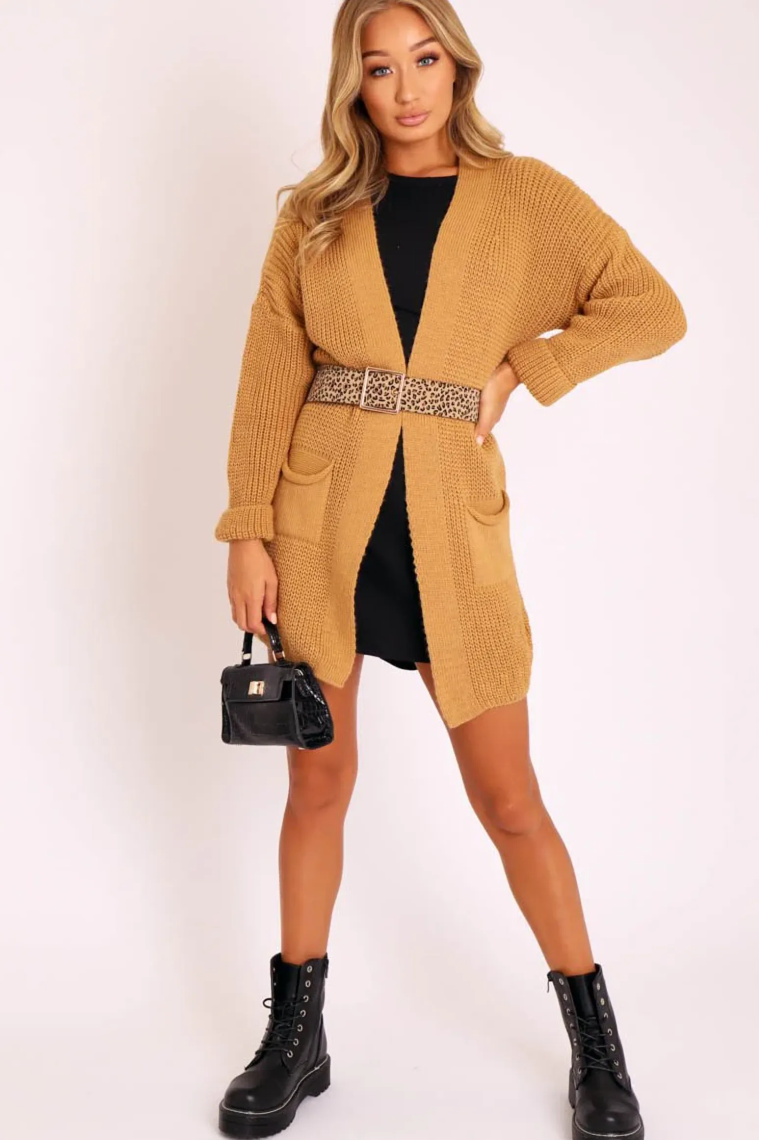 Rebellious Fashion Camel Knitted Oversized Pocket Detail Cardigan - Anna
