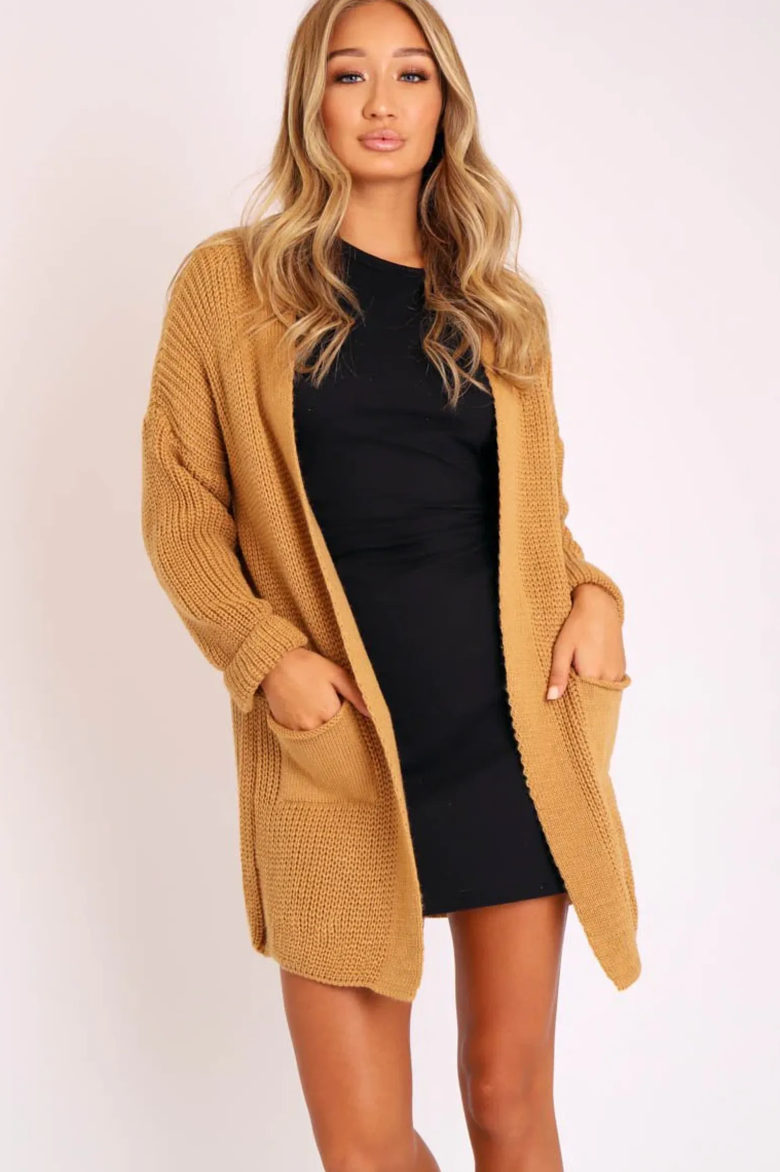 Rebellious Fashion Camel Knitted Oversized Pocket Detail Cardigan - Anna