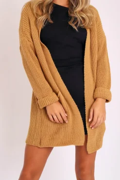 Rebellious Fashion Camel Knitted Oversized Pocket Detail Cardigan - Anna