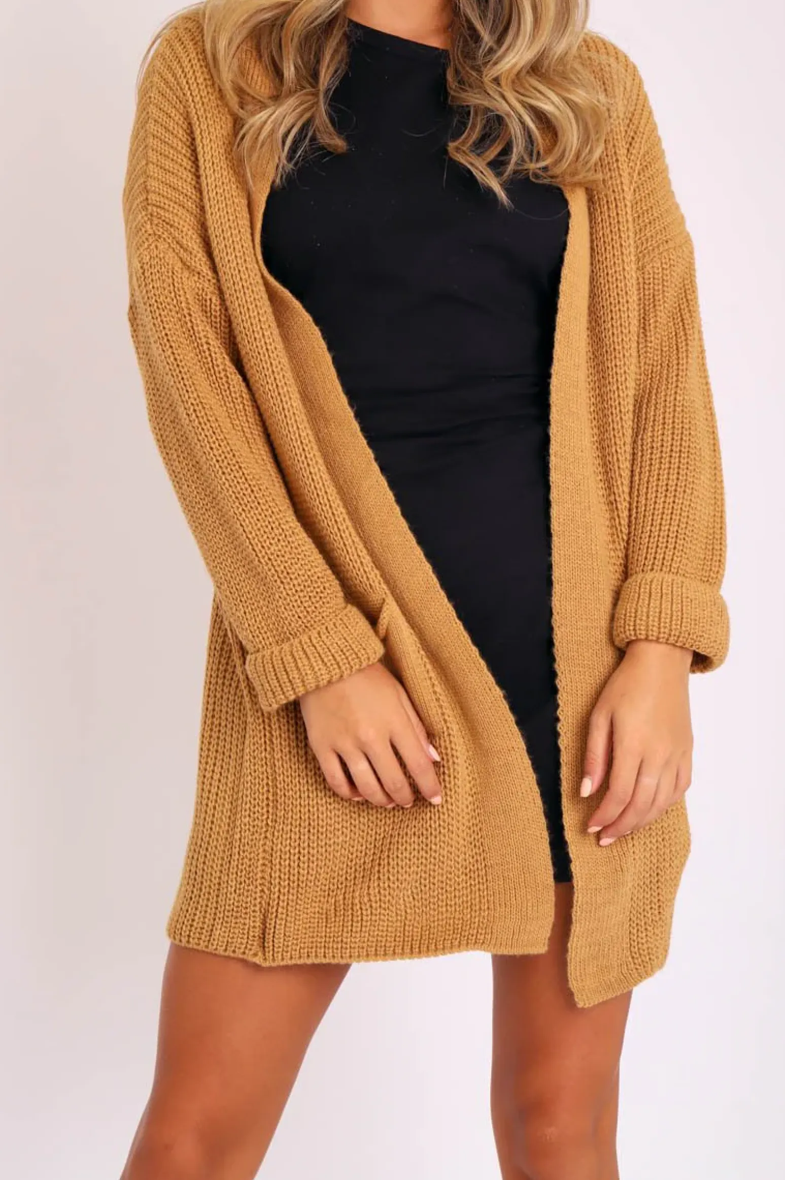 Rebellious Fashion Camel Knitted Oversized Pocket Detail Cardigan - Anna