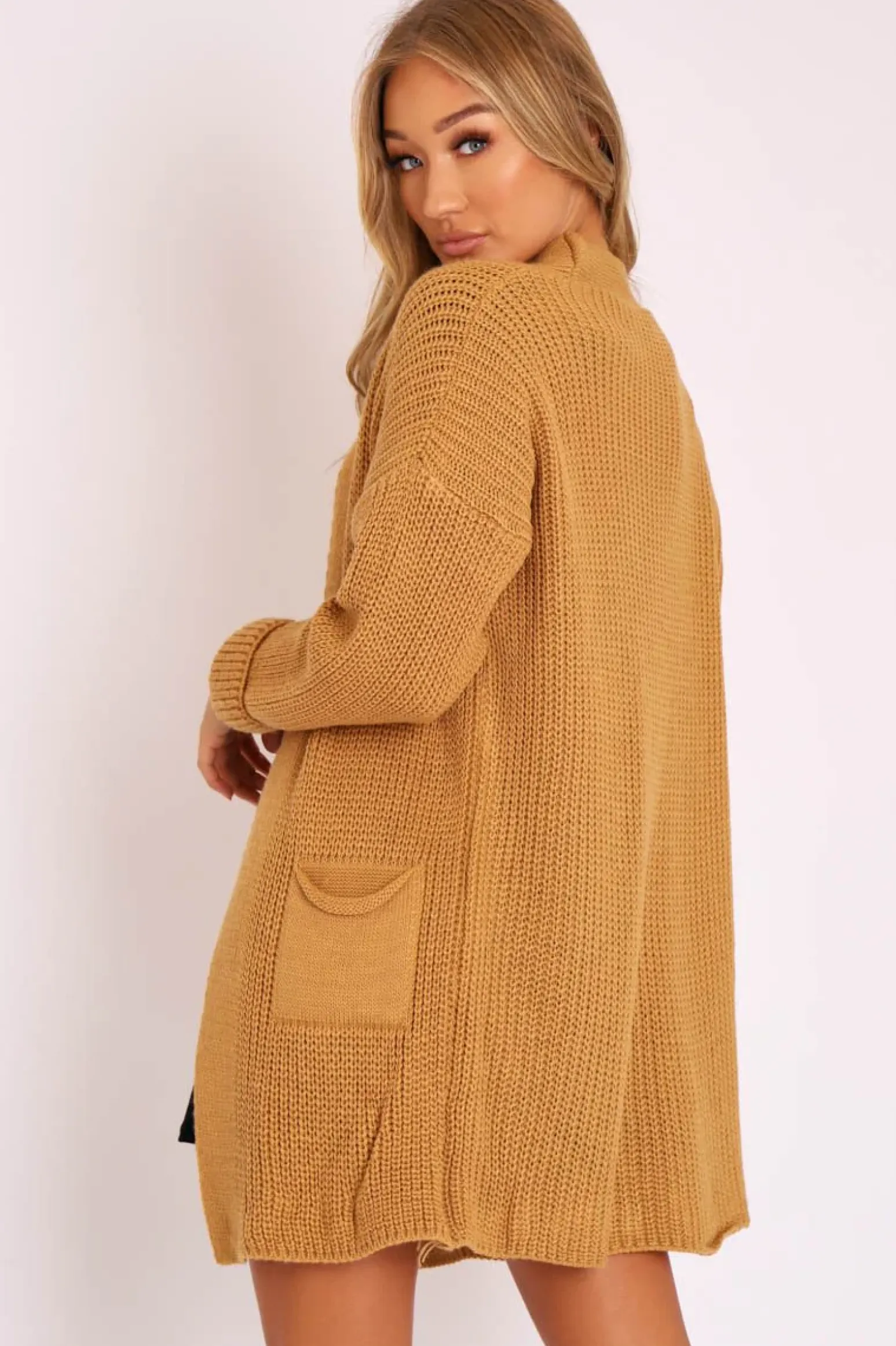 Rebellious Fashion Camel Knitted Oversized Pocket Detail Cardigan - Anna