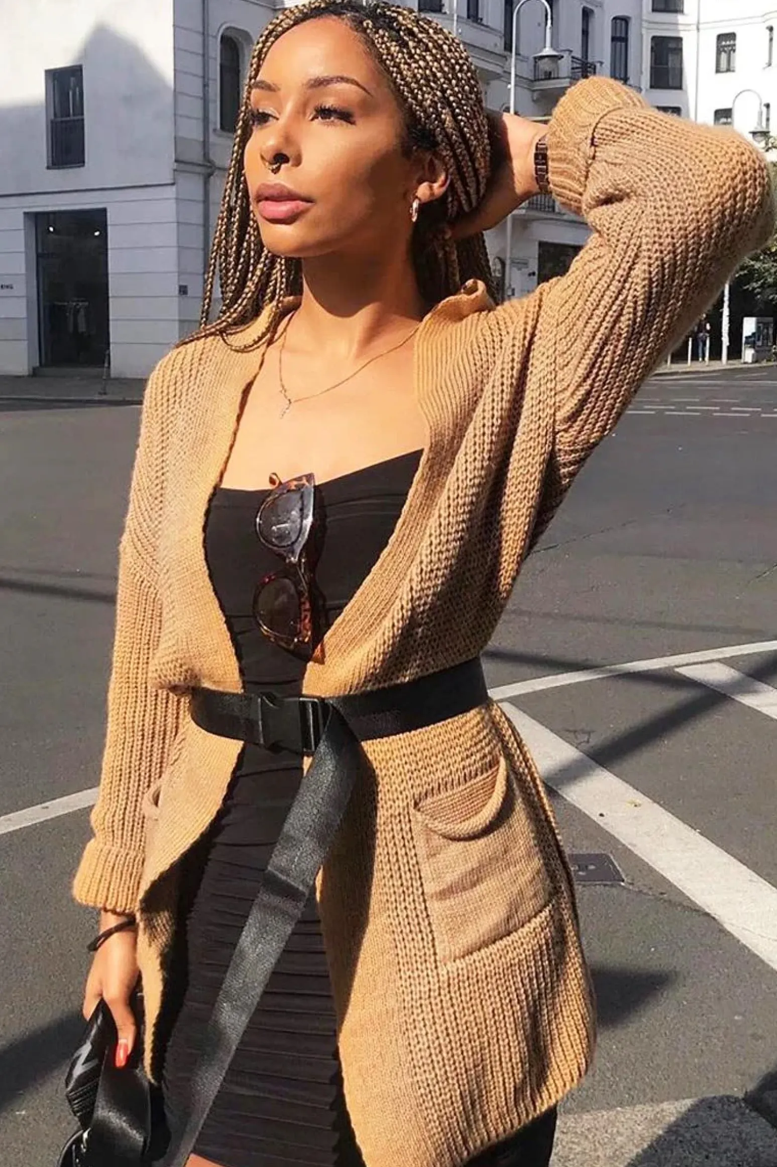 Rebellious Fashion Camel Knitted Oversized Pocket Detail Cardigan - Anna