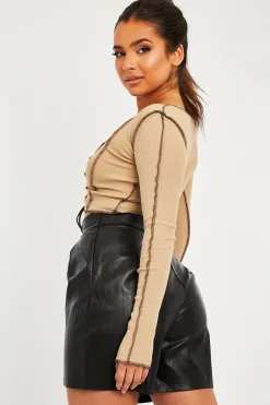Rebellious Fashion Camel Lace Up Contrast Stitch Long Sleeve Crop Top - Mitzi