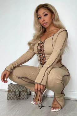 Rebellious Fashion Camel Lace Up Contrast Stitch Long Sleeve Crop Top - Mitzi