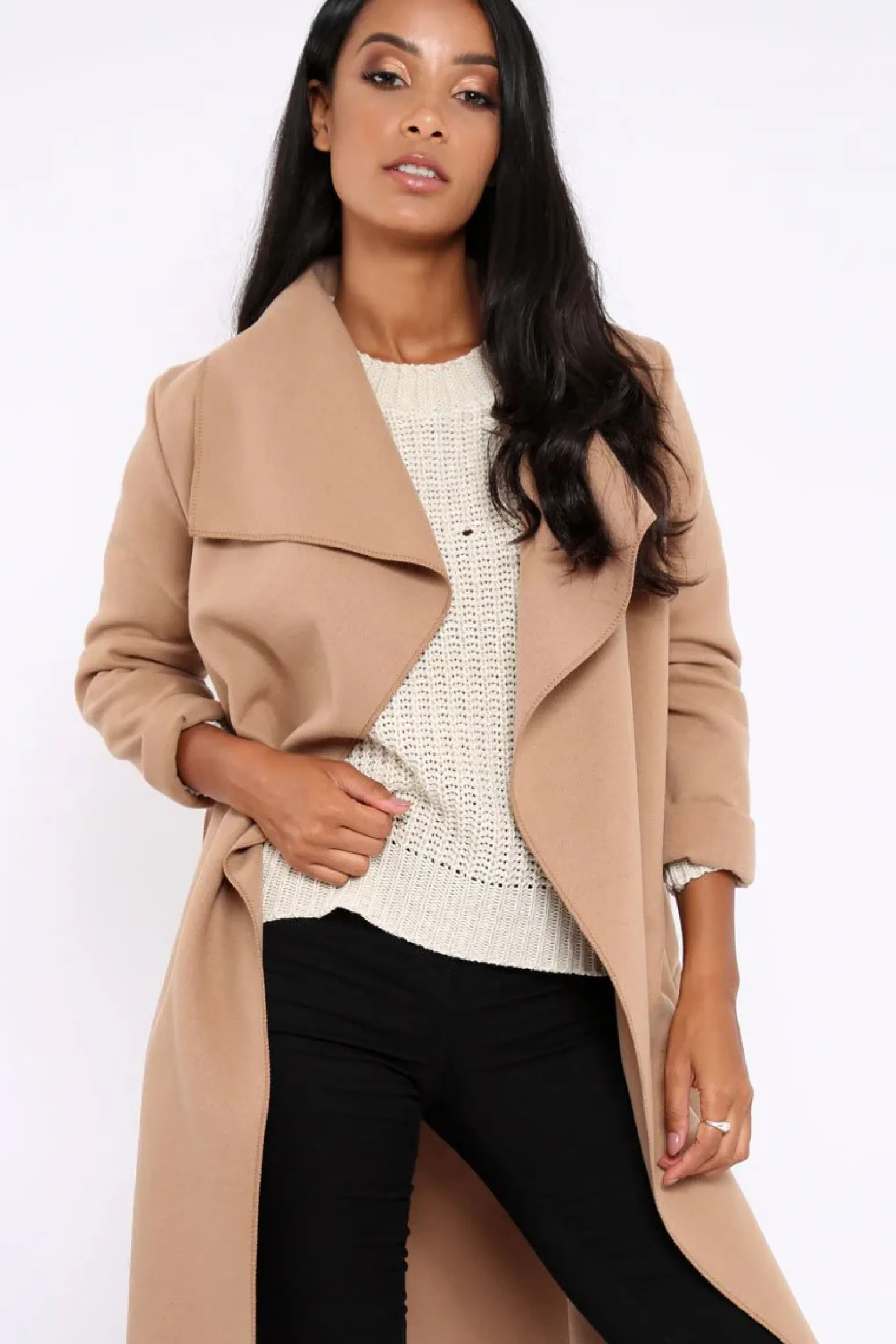 Rebellious Fashion Camel Long Length Waterfall Belted Coat - Cindy