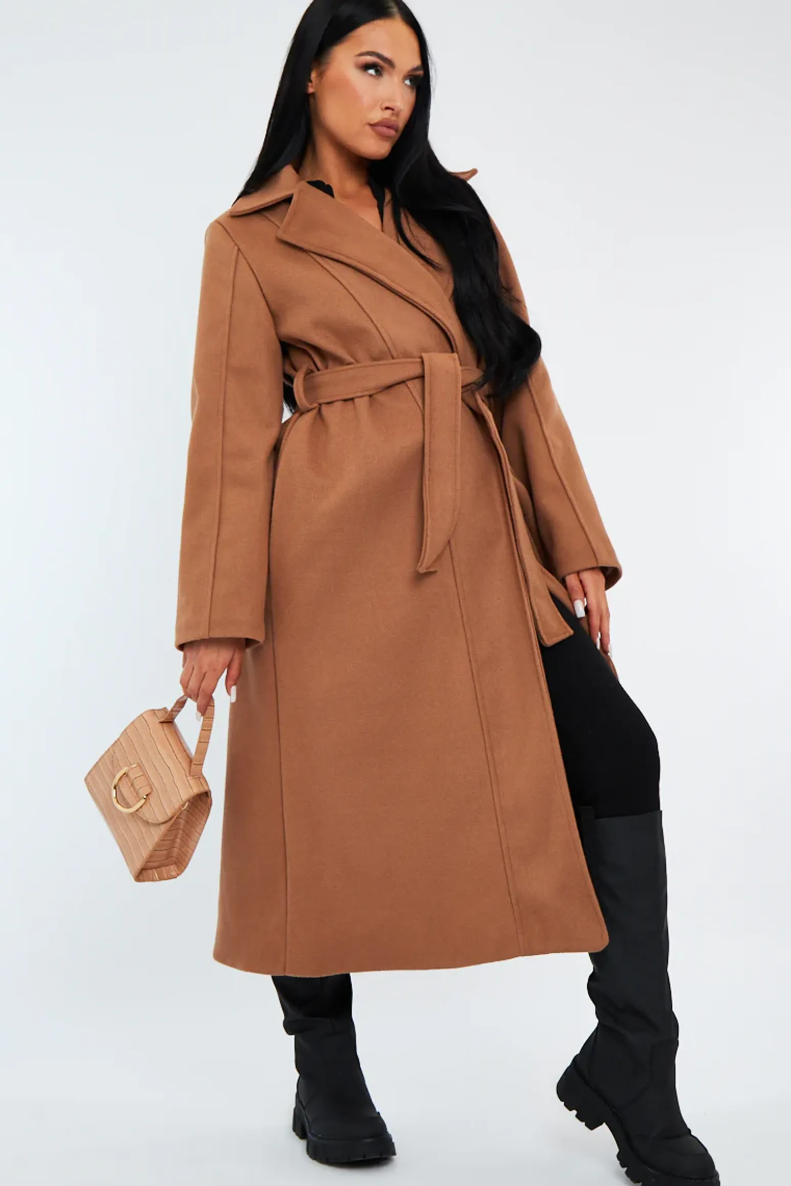 Rebellious Fashion Camel Longline Belted Tailored Coat - Syma