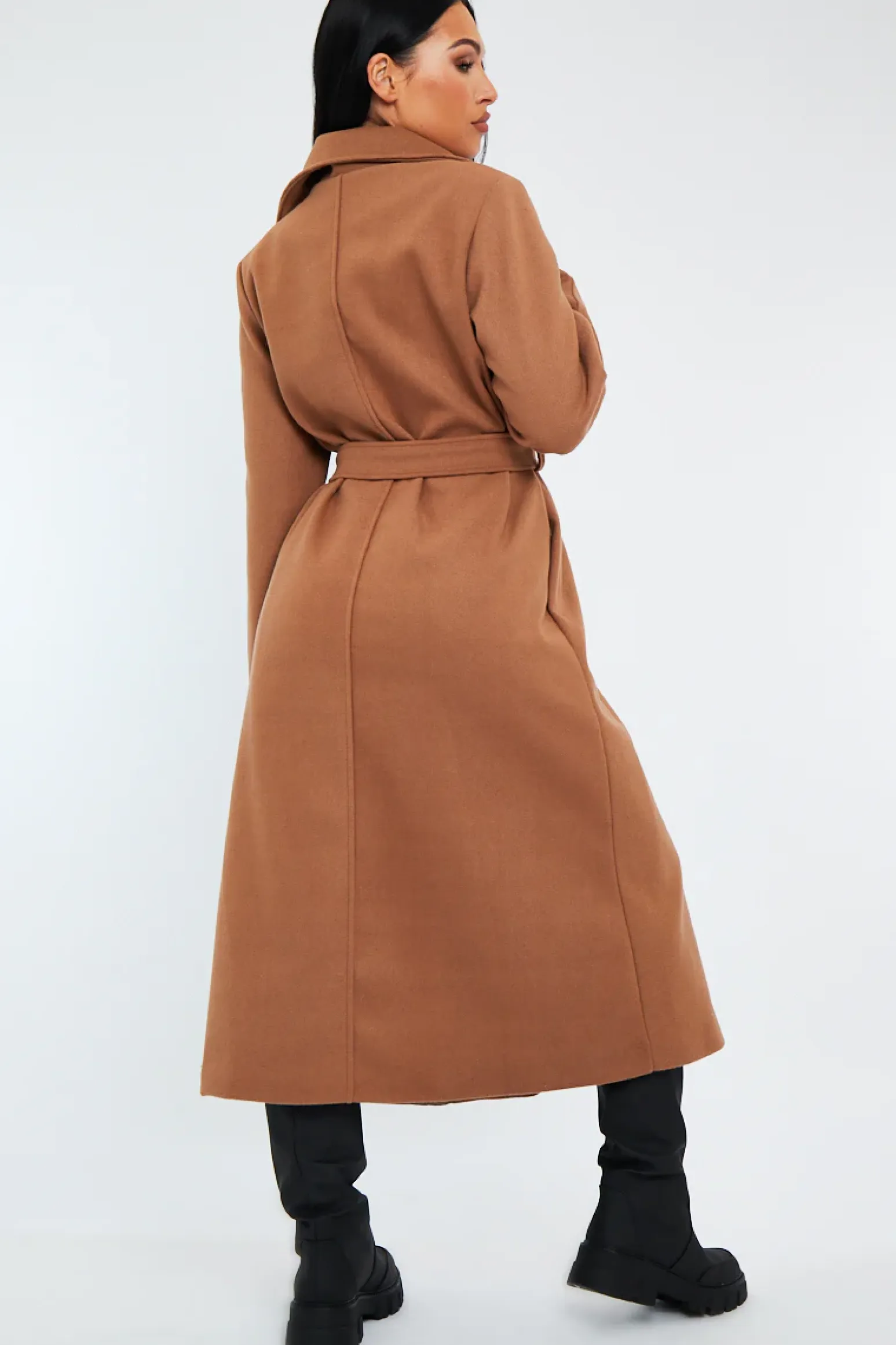 Rebellious Fashion Camel Longline Belted Tailored Coat - Syma