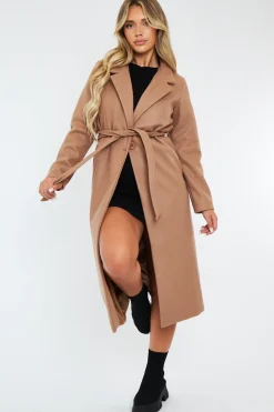 Rebellious Fashion Camel Longline Button Up Belted Tailored Coat - Damiya