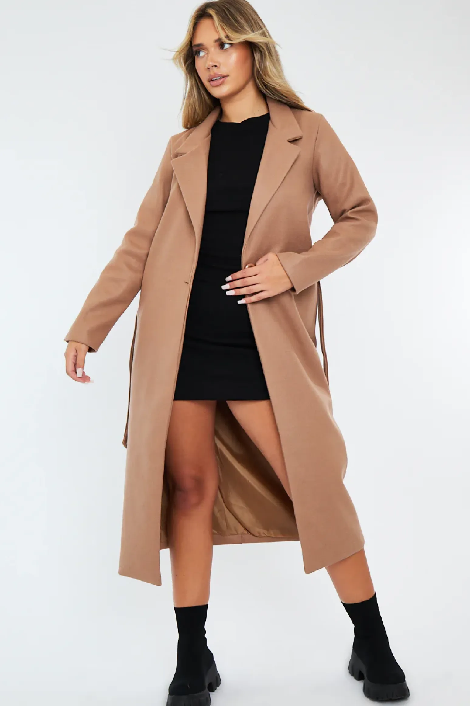 Rebellious Fashion Camel Longline Button Up Belted Tailored Coat - Damiya