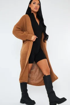 Rebellious Fashion Camel Longline Relaxed Fit Front Pockets Cardigan - Leah