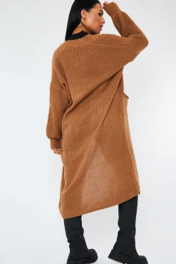 Rebellious Fashion Camel Longline Relaxed Fit Front Pockets Cardigan - Leah