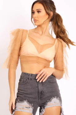 Rebellious Fashion Camel Mesh Frill Sleeve Plunge Crop Top - Faythe