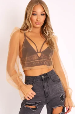 Rebellious Fashion Camel Mesh High Neck Open Back Blouse - Anthea