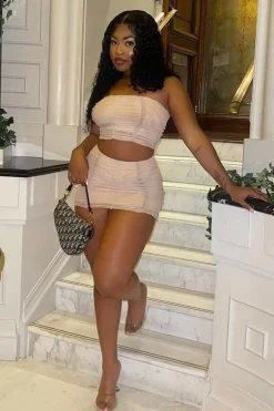 Rebellious Fashion Camel Mesh Ruched Tube Crop Top & Micro Mini Skirt - Bella