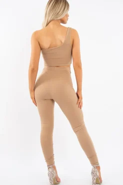 Rebellious Fashion Camel One Shoulder Crop Top and Leggings Co-Ord - Marrie