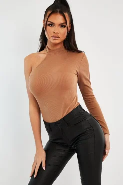 Rebellious Fashion Camel One Sleeve High Neck Bodysuit - Oakley