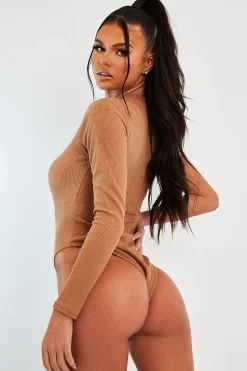 Rebellious Fashion Camel One Sleeve High Neck Bodysuit - Oakley