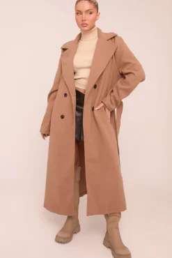 Rebellious Fashion Camel Oversized Double Breasted Wool Look Coat - Eloise