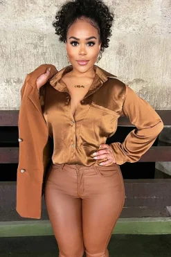 Rebellious Fashion Camel Oversized Satin Shirt - Carine