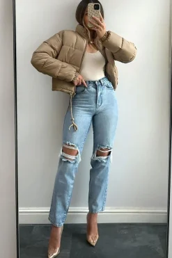 Rebellious Fashion Camel Padded Cropped Puffer Jacket - Adhara
