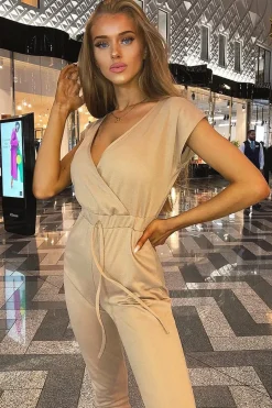 Rebellious Fashion Camel Plunge Drawstring Waist Jumpsuit - Missie