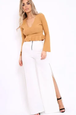 Rebellious Fashion Camel Plunge Flare Sleeve Crop Top with Frill Hem - Masie