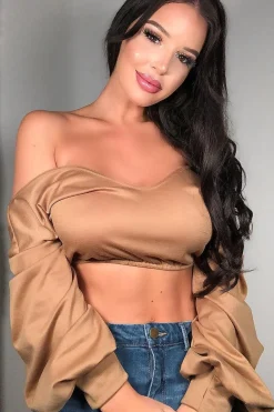 Rebellious Fashion Camel Plunge Off Shoulder Cropped Sweatshirt - Zarah