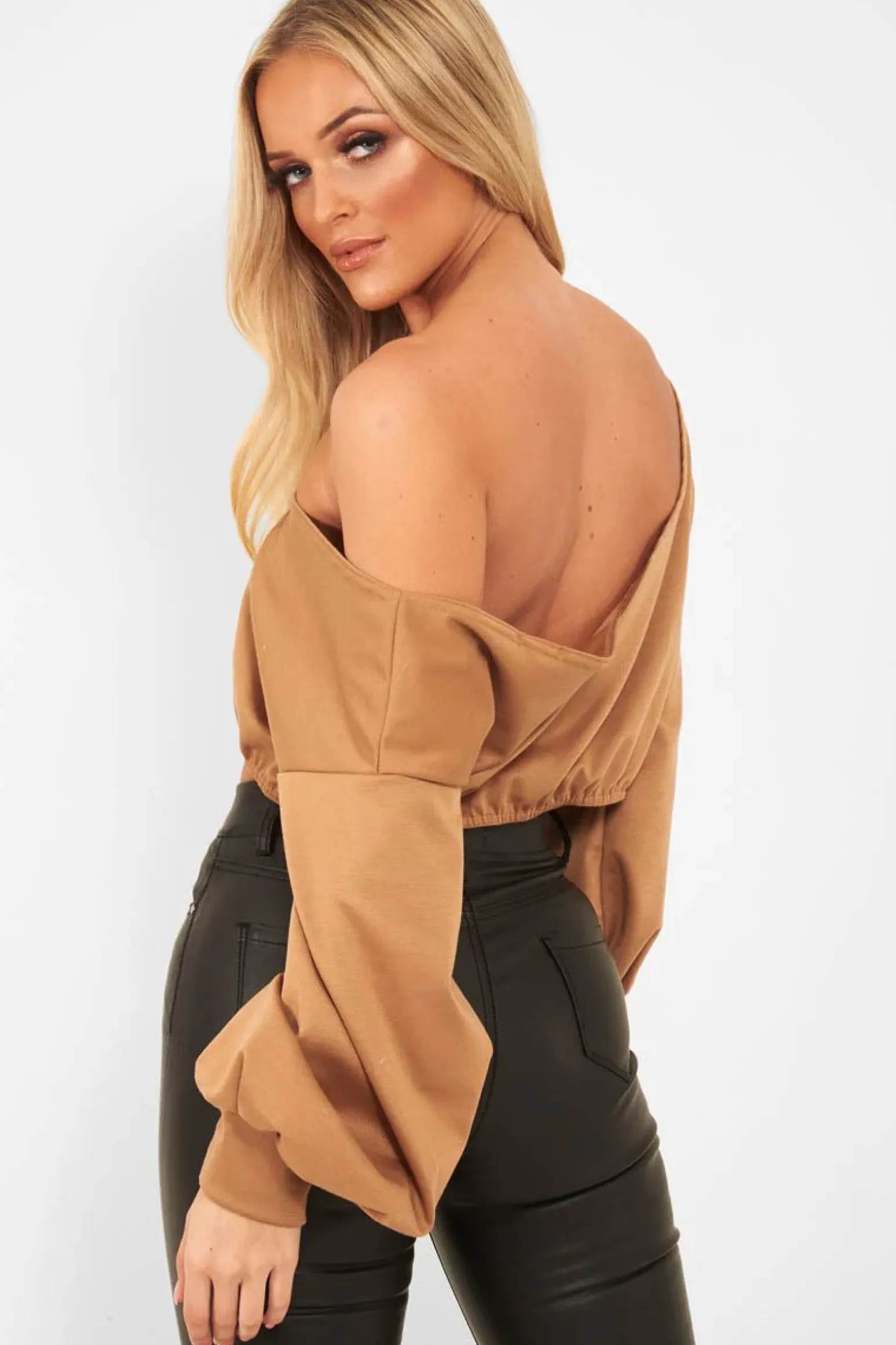 Rebellious Fashion Camel Plunge Off Shoulder Cropped Sweatshirt - Zarah