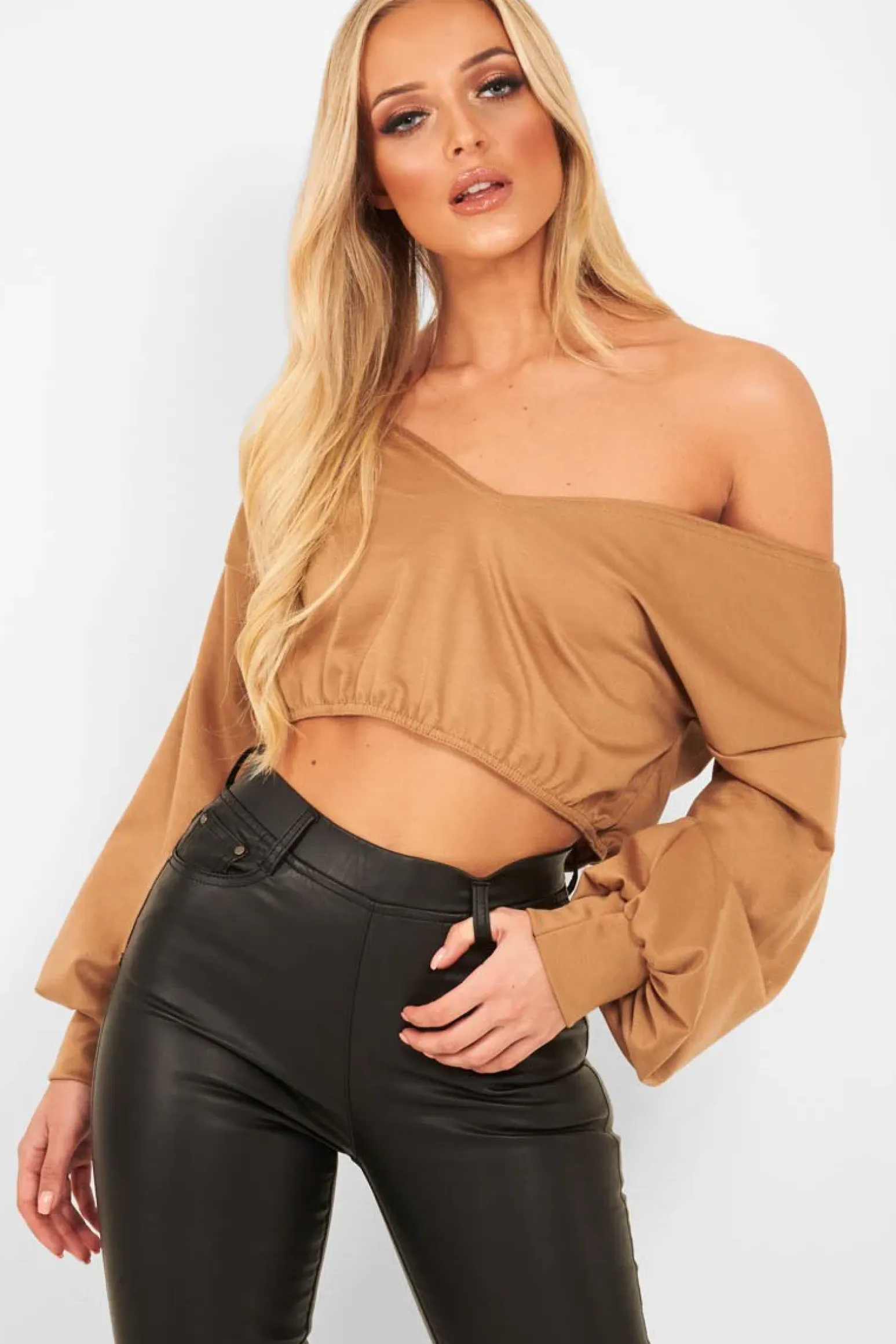 Rebellious Fashion Camel Plunge Off Shoulder Cropped Sweatshirt - Zarah