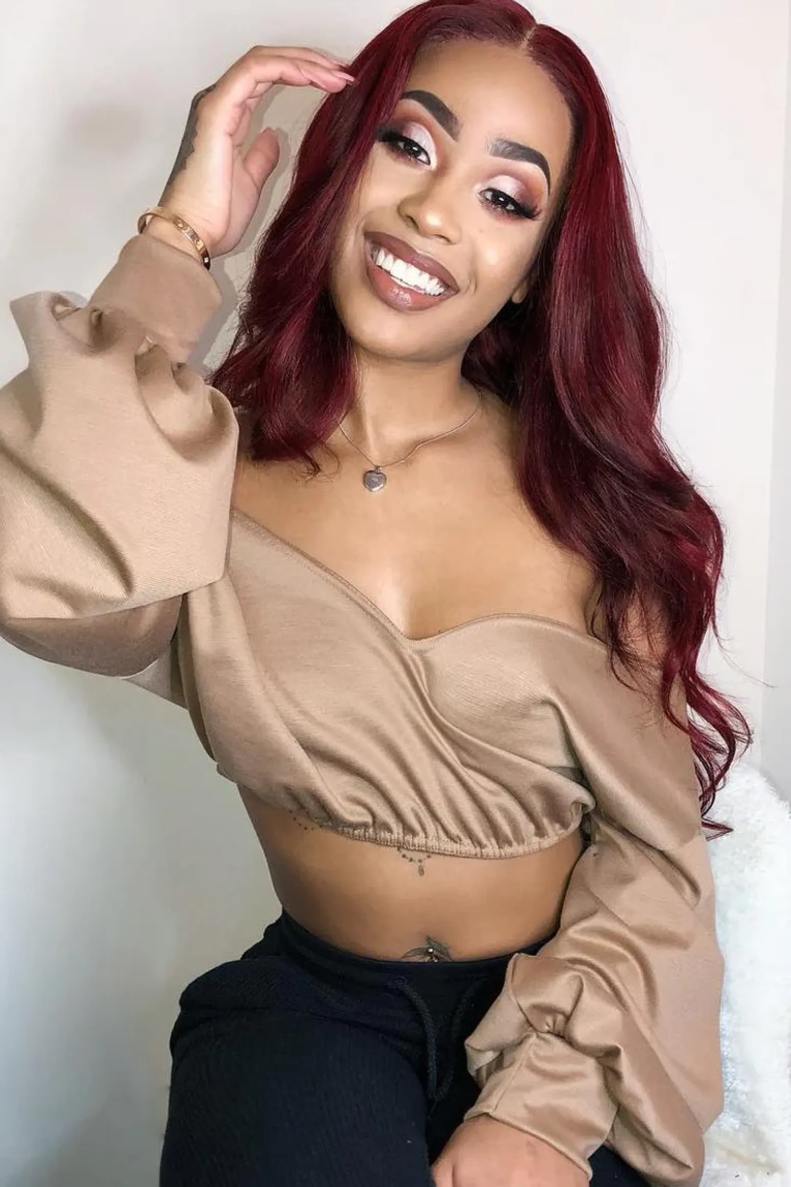 Rebellious Fashion Camel Plunge Off Shoulder Cropped Sweatshirt - Zarah