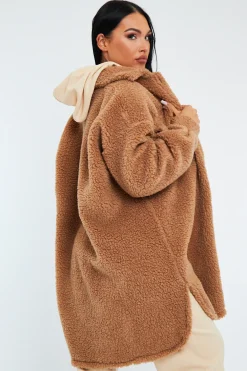 Rebellious Fashion Camel Pocket Front Teddy Shacket - Ozie