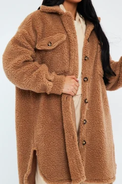 Rebellious Fashion Camel Pocket Front Teddy Shacket - Ozie