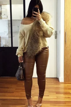 Rebellious Fashion Camel PU Coated Skinny Jeans - Rachell