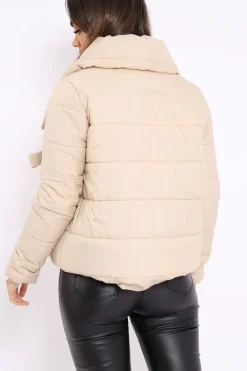 Rebellious Fashion Camel Puffer Jacket with Tie Front - Lolamae