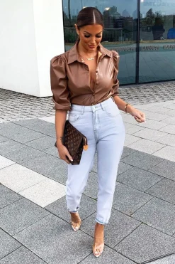 Rebellious Fashion Camel PU leather 3/4 Puff Sleeve Shirt - Pyper