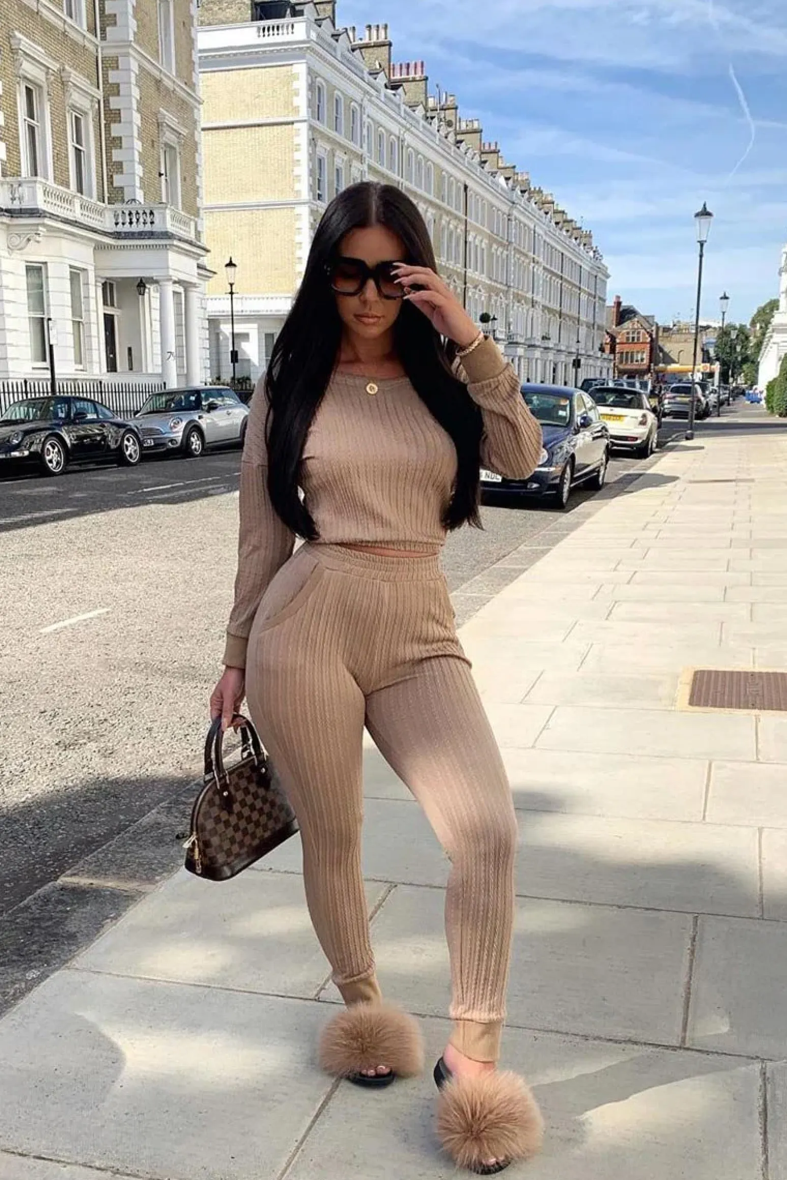 Rebellious Fashion Camel Ribbed Bardot Top and Pocket Detail Trousers Co-ord - Skarlet