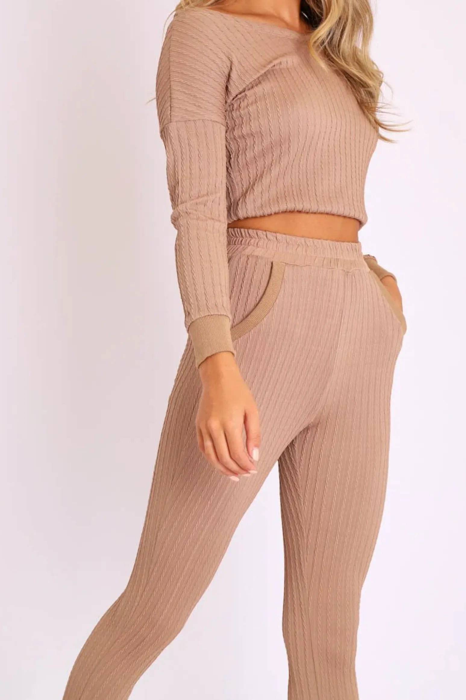 Rebellious Fashion Camel Ribbed Bardot Top and Pocket Detail Trousers Co-ord - Skarlet