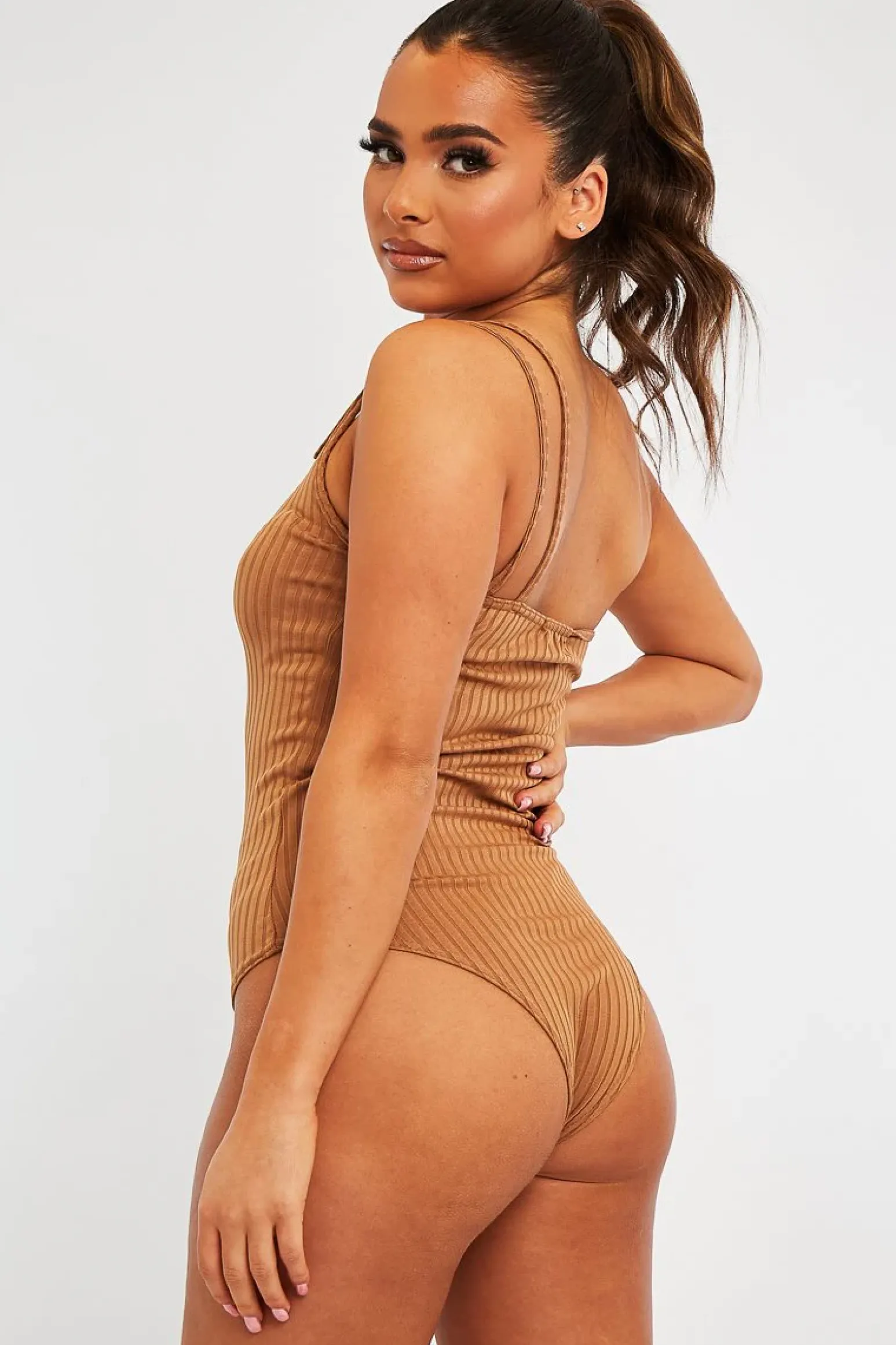 Rebellious Fashion Camel Ribbed Double Strap One Shoulder Bodysuit - Lavia