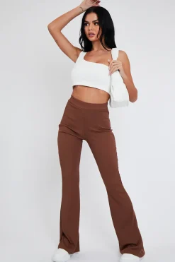 Rebellious Fashion Camel Ribbed Flare Trousers - Jori