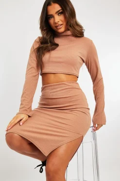 Rebellious Fashion Camel Ribbed High Neck Top Skirt Co-ord - Kaili