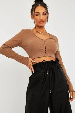 Rebellious Fashion Camel Ribbed Hook Fastening Crop Top - Piper