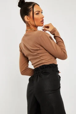 Rebellious Fashion Camel Ribbed Hook Fastening Crop Top - Piper