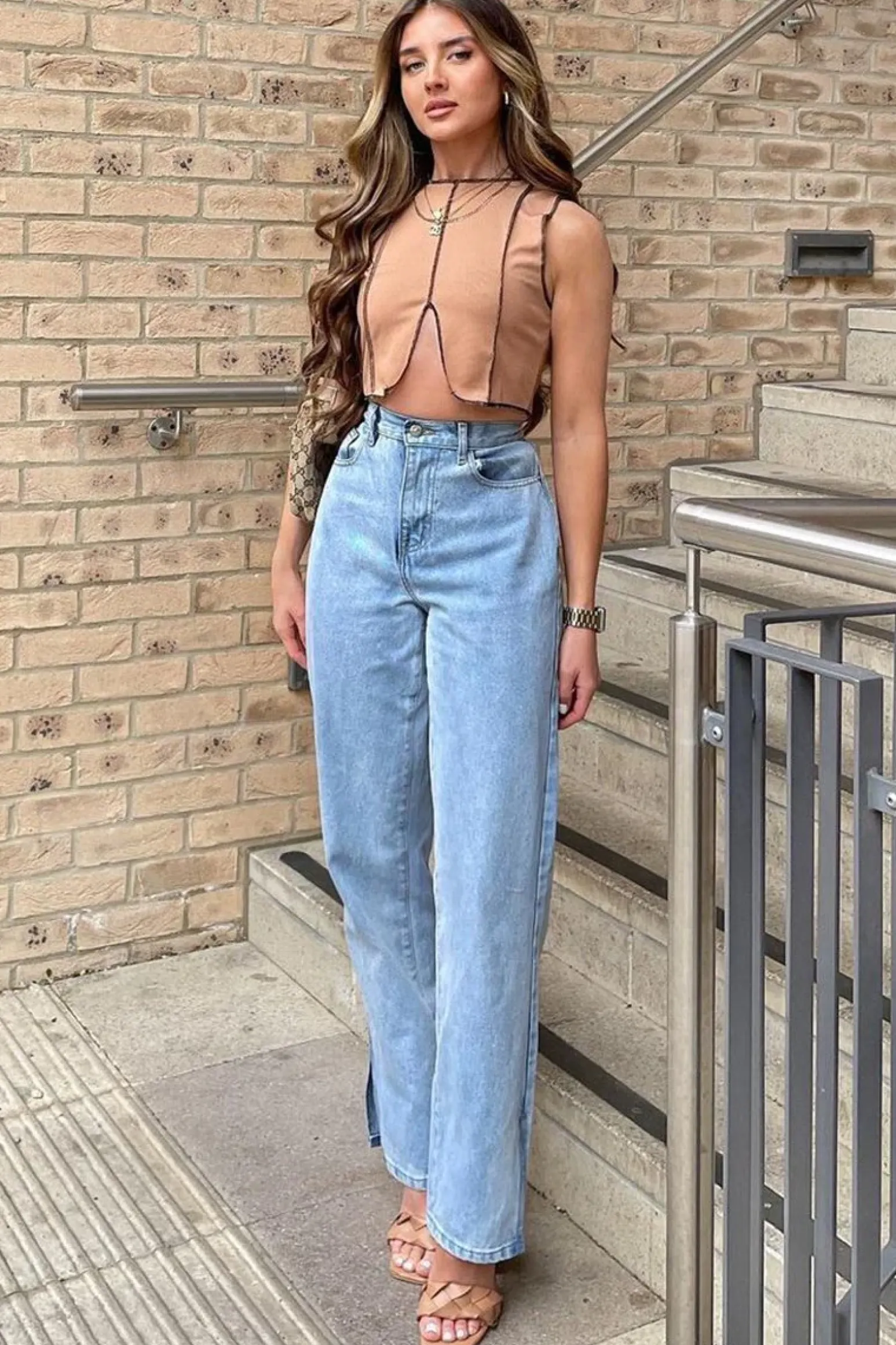 Rebellious Fashion Camel Ribbed Notch Contrast Stitch Crop Top - Rinnah